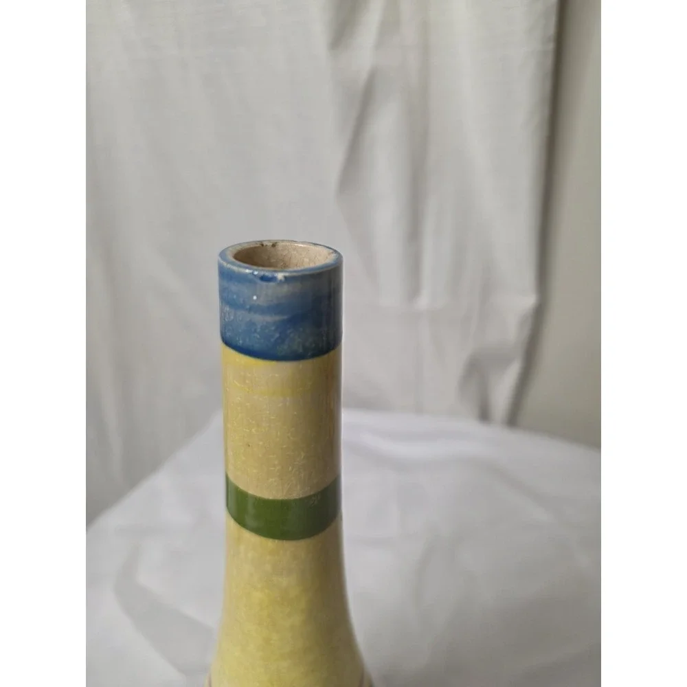 Vintage SECLA Portugal Hand Painted Striped Ceramic Bottle Vase Container